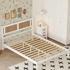 Lit plateforme en bois Queen Size avec tête de lit en rotin naturel, Élégance exquise et charme minimaliste