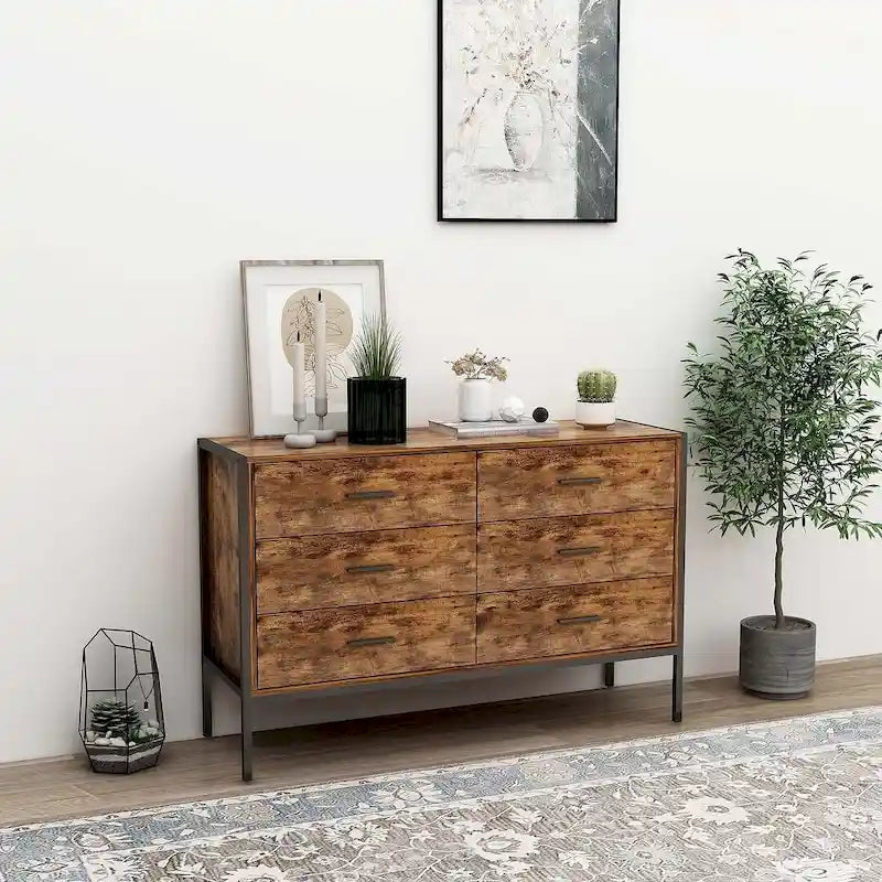 Commode rustique marron à 6 tiroirs ou lot de 2 tables de chevet