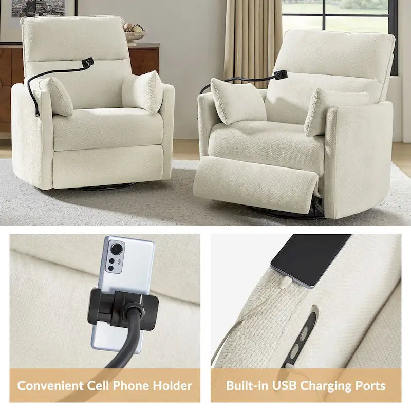 Fauteuil inclinable berçant pivotant 38 avec ports USB pour chambre de bébé