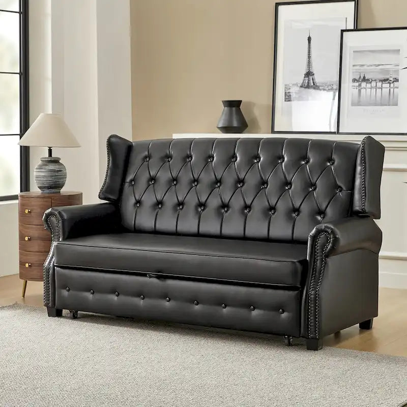 Canapé-lit en cuir végétalien de 187 cm avec dossier capitonné et clous de tapissier