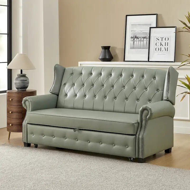 Canapé-lit en cuir végétalien de 187 cm avec dossier capitonné et clous de tapissier