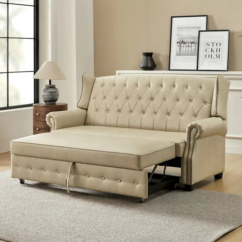 Canapé-lit en cuir végétalien de 187 cm avec dossier capitonné et clous de tapissier