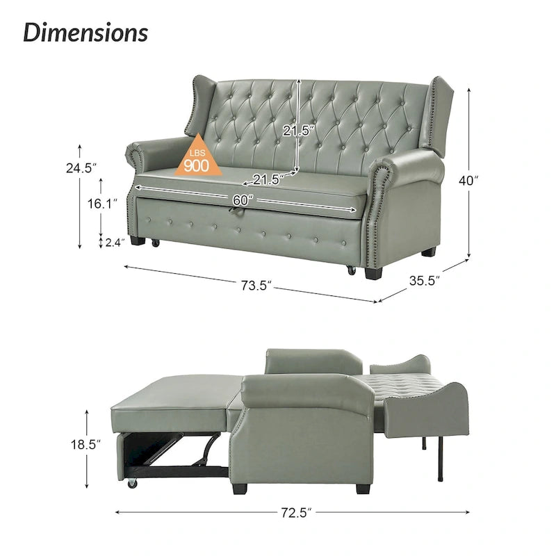 Canapé-lit en cuir végétalien de 187 cm avec dossier capitonné et clous de tapissier