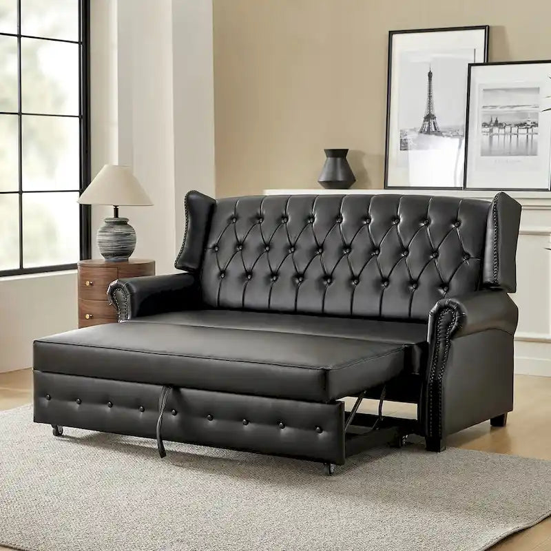Canapé-lit en cuir végétalien de 187 cm avec dossier capitonné et clous de tapissier
