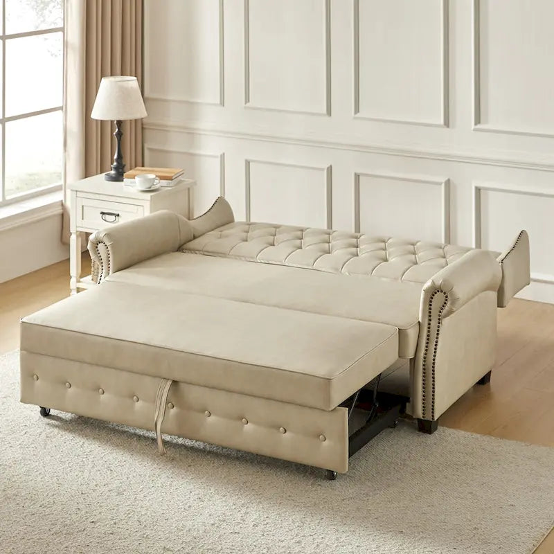 Canapé-lit en cuir végétalien de 187 cm avec dossier capitonné et clous de tapissier