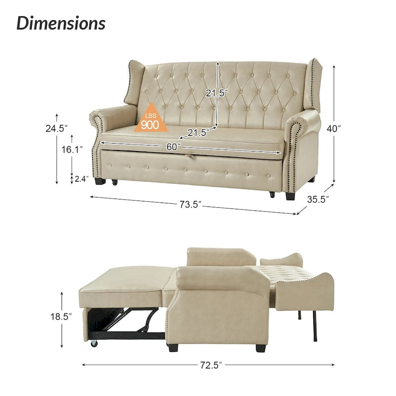 Canapé-lit en cuir végétalien de 187 cm avec dossier capitonné et clous de tapissier