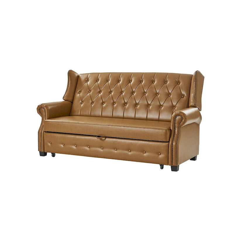 Canapé-lit en cuir végétalien de 187 cm avec dossier capitonné et clous de tapissier
