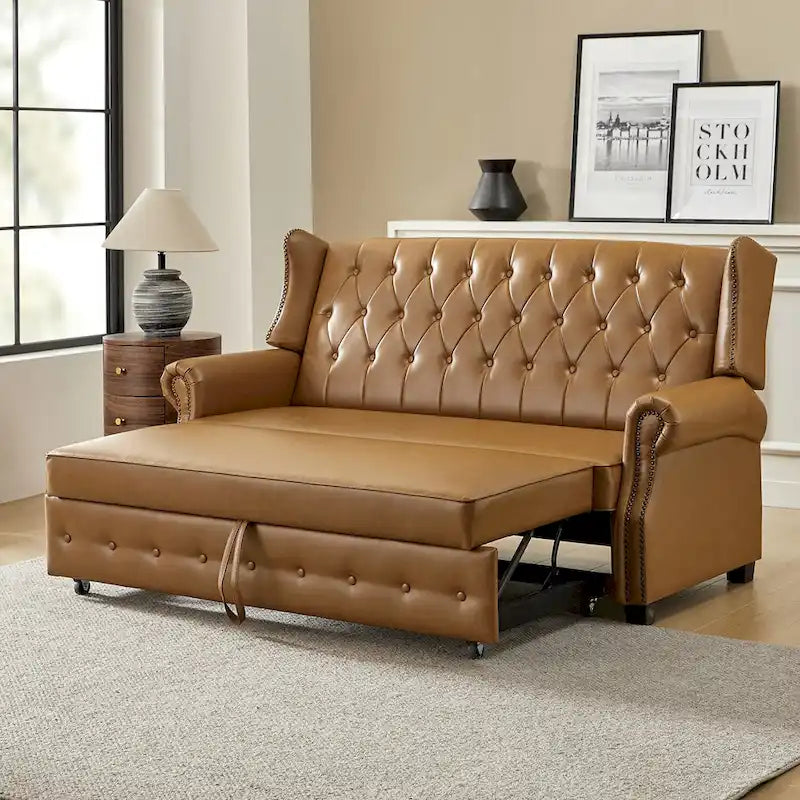 Canapé-lit en cuir végétalien de 187 cm avec dossier capitonné et clous de tapissier