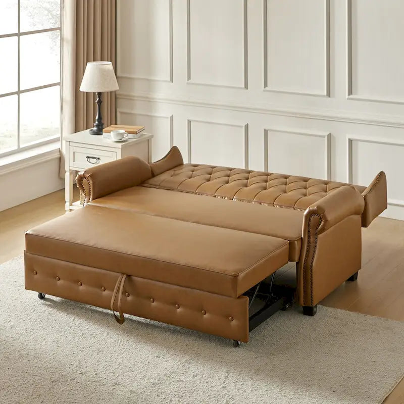 Canapé-lit en cuir végétalien de 187 cm avec dossier capitonné et clous de tapissier
