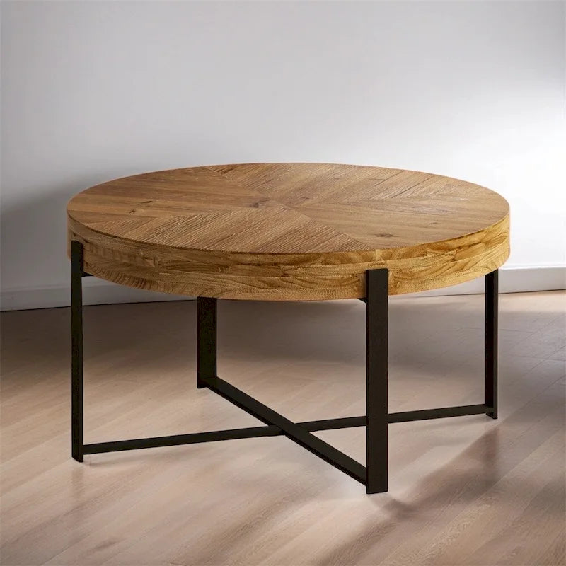 Table basse ronde en bois avec piètement en croix
