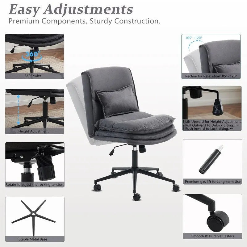 Chaise de bureau ergonomique sans accoudoirs en polyester avec roulettes