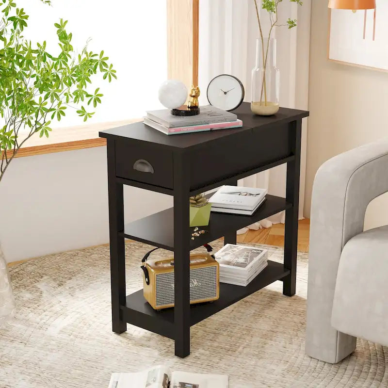Table d'appoint étroite avec tiroirs et plateau relevable