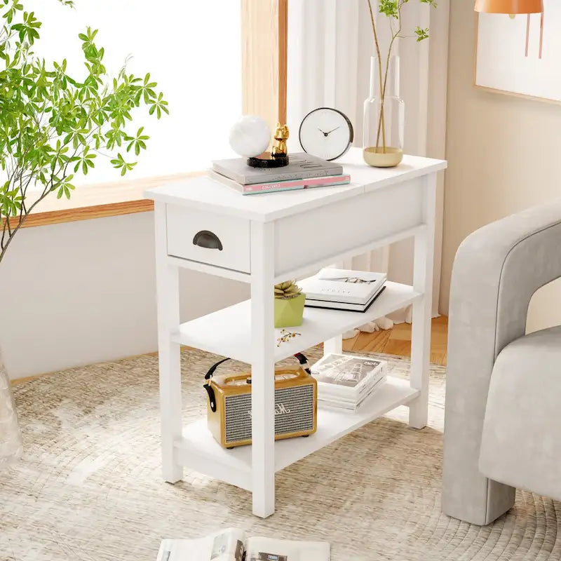 Table d'appoint étroite avec tiroirs et plateau relevable