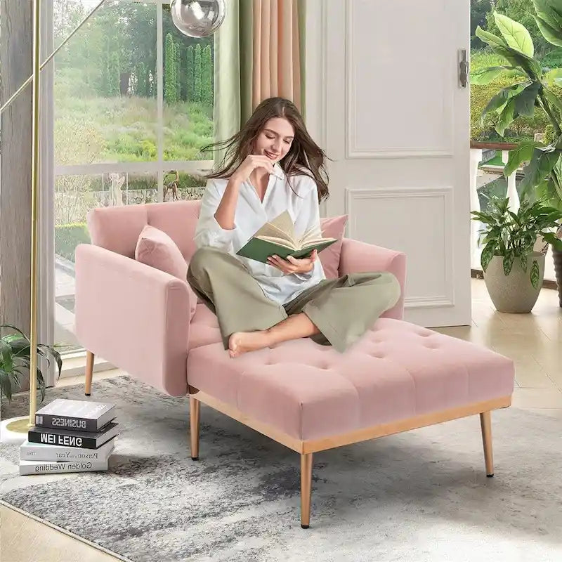 Chaise longue d'intérieur, fauteuil de lit convertible 2 en 1 en velours avec pouf, fauteuil de relaxation avec dossier inclinable réglable
