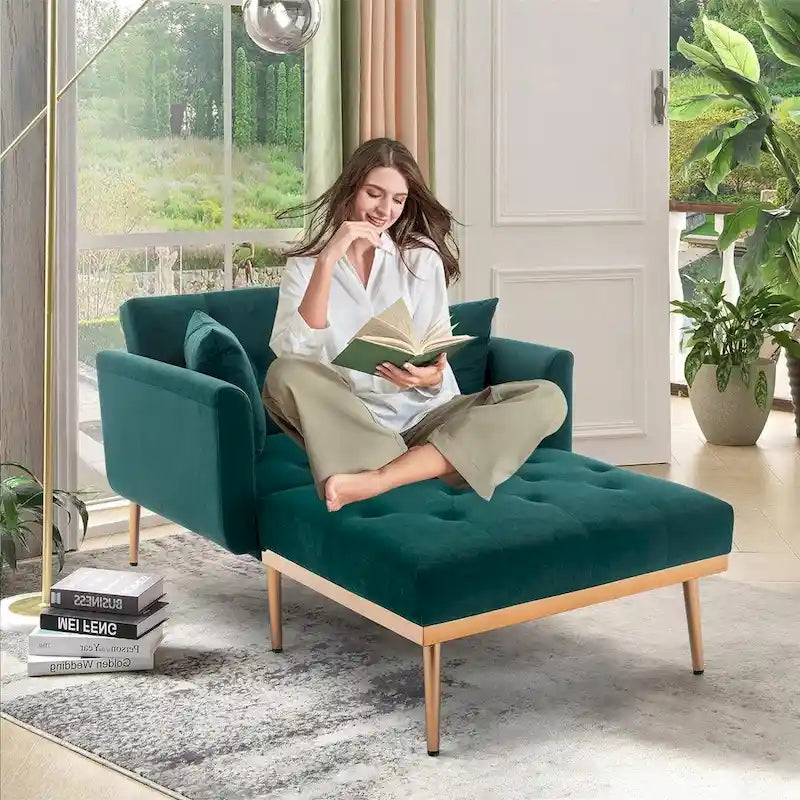 Chaise longue d'intérieur, fauteuil de lit convertible 2 en 1 en velours avec pouf, fauteuil de relaxation avec dossier inclinable réglable