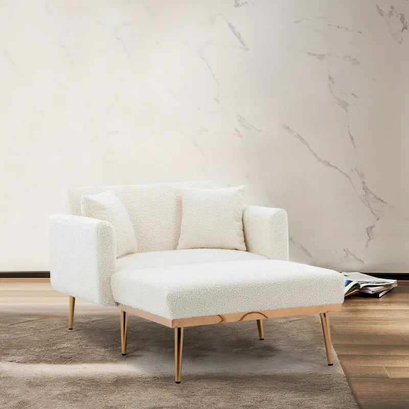 Chaise longue d'intérieur, fauteuil de lit convertible 2 en 1 en velours avec pouf, fauteuil de relaxation avec dossier inclinable réglable
