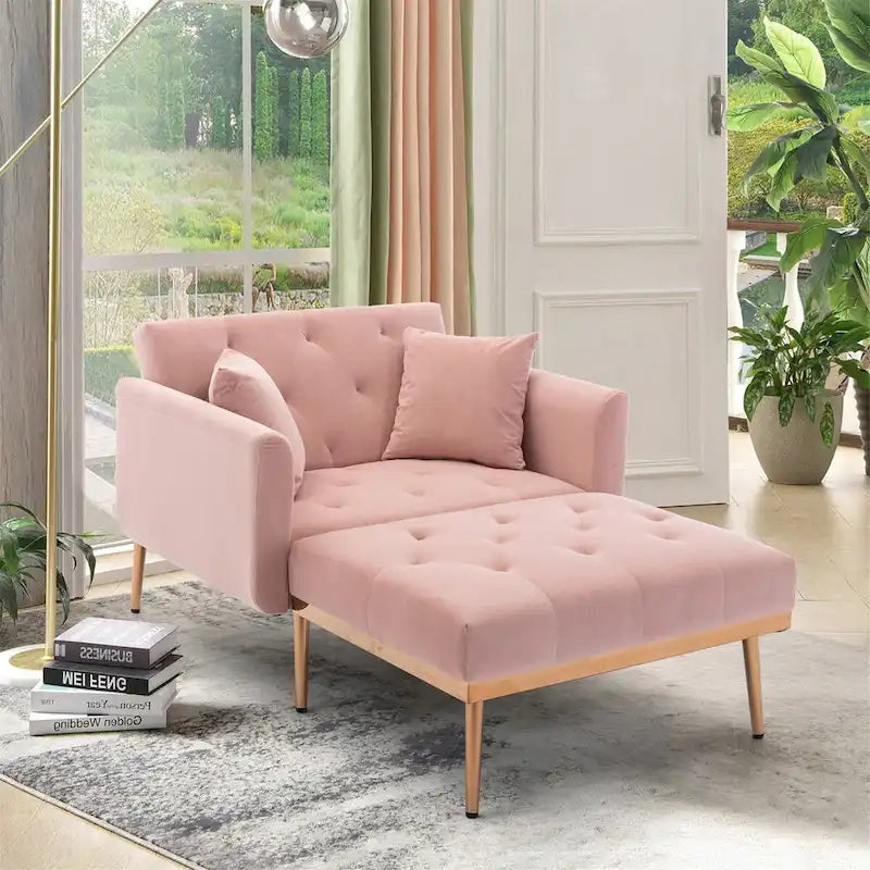 Chaise longue d'intérieur, fauteuil de lit convertible 2 en 1 en velours avec pouf, fauteuil de relaxation avec dossier inclinable réglable