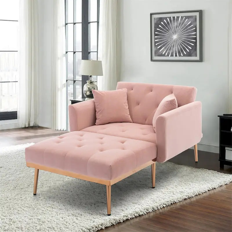 Chaise longue d'intérieur, fauteuil de lit convertible 2 en 1 en velours avec pouf, fauteuil de relaxation avec dossier inclinable réglable