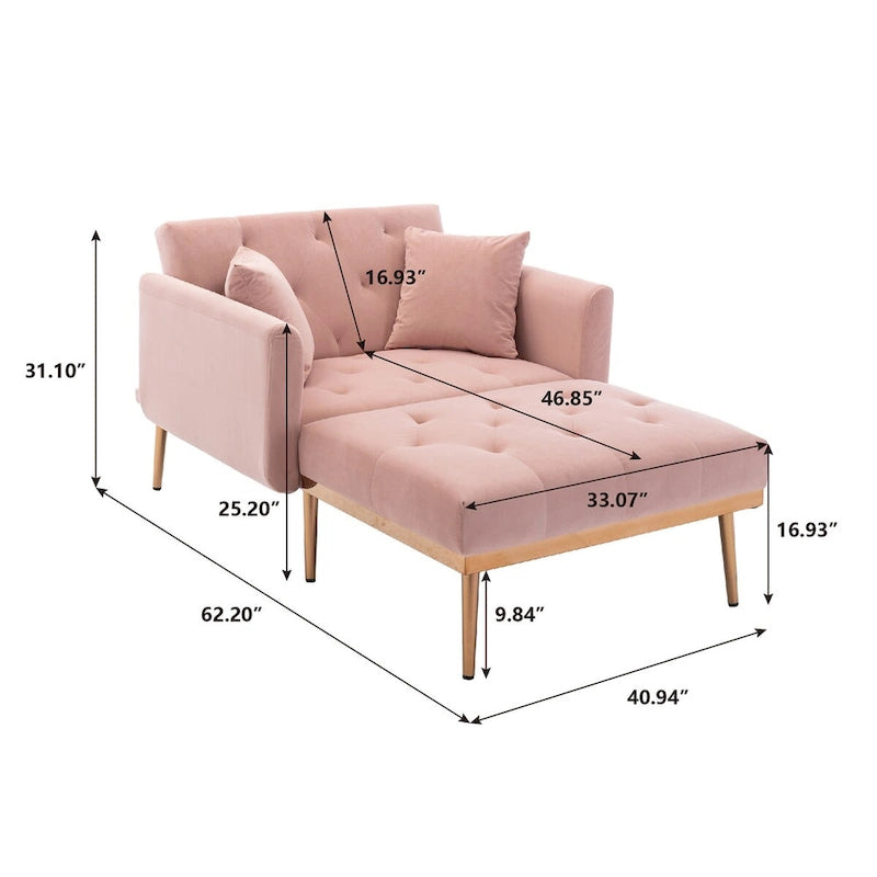 Chaise longue d'intérieur, fauteuil de lit convertible 2 en 1 en velours avec pouf, fauteuil de relaxation avec dossier inclinable réglable