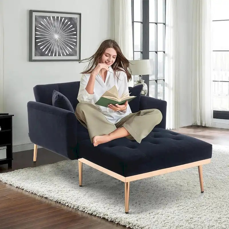 Chaise longue d'intérieur, fauteuil de lit convertible 2 en 1 en velours avec pouf, fauteuil de relaxation avec dossier inclinable réglable