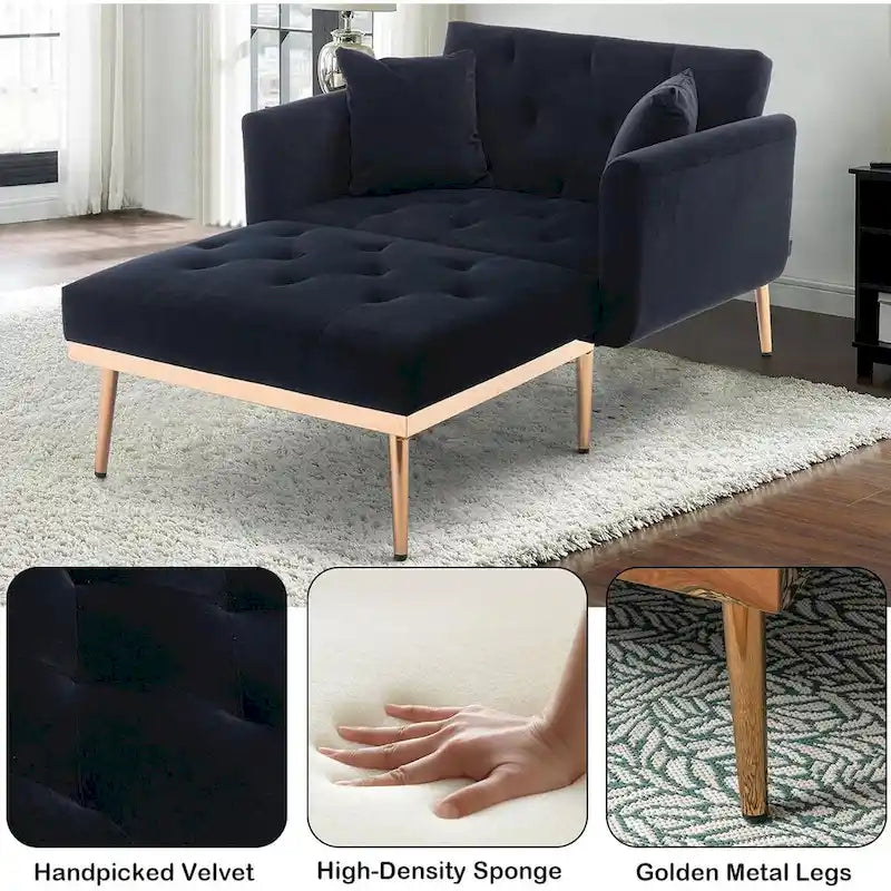 Chaise longue d'intérieur, fauteuil de lit convertible 2 en 1 en velours avec pouf, fauteuil de relaxation avec dossier inclinable réglable