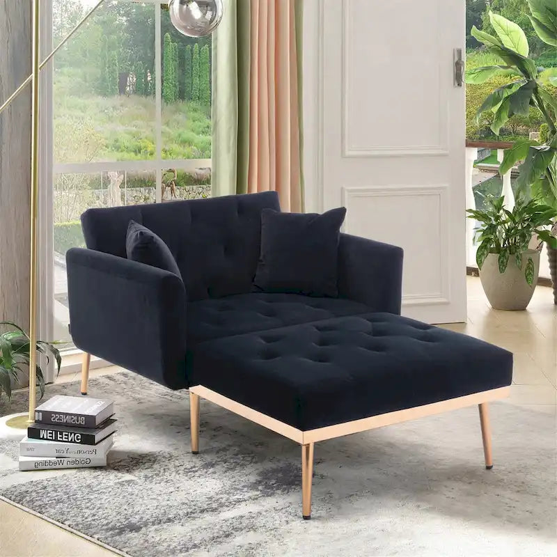 Chaise longue d'intérieur, fauteuil de lit convertible 2 en 1 en velours avec pouf, fauteuil de relaxation avec dossier inclinable réglable