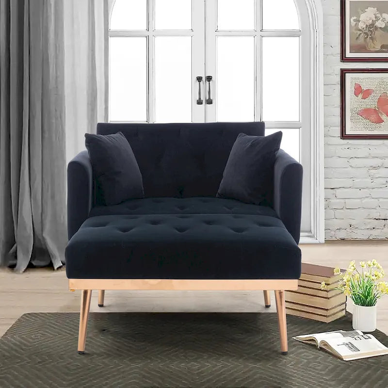 Chaise longue d'intérieur, fauteuil de lit convertible 2 en 1 en velours avec pouf, fauteuil de relaxation avec dossier inclinable réglable