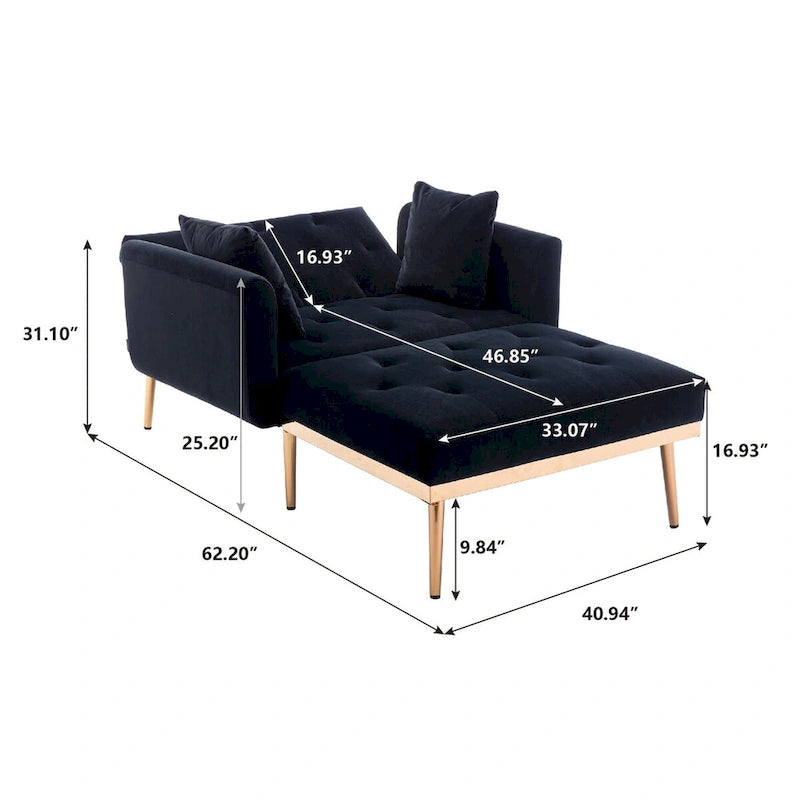 Chaise longue d'intérieur, fauteuil de lit convertible 2 en 1 en velours avec pouf, fauteuil de relaxation avec dossier inclinable réglable