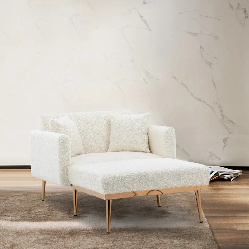 Chaise longue d'intérieur, fauteuil de lit convertible 2 en 1 en velours avec pouf, fauteuil de relaxation avec dossier inclinable réglable