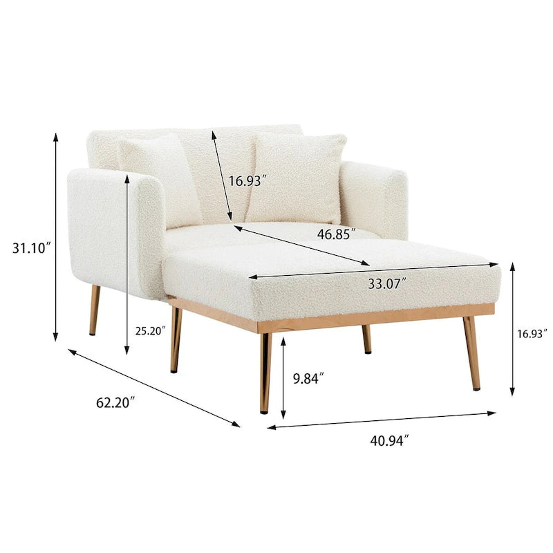 Chaise longue d'intérieur, fauteuil de lit convertible 2 en 1 en velours avec pouf, fauteuil de relaxation avec dossier inclinable réglable