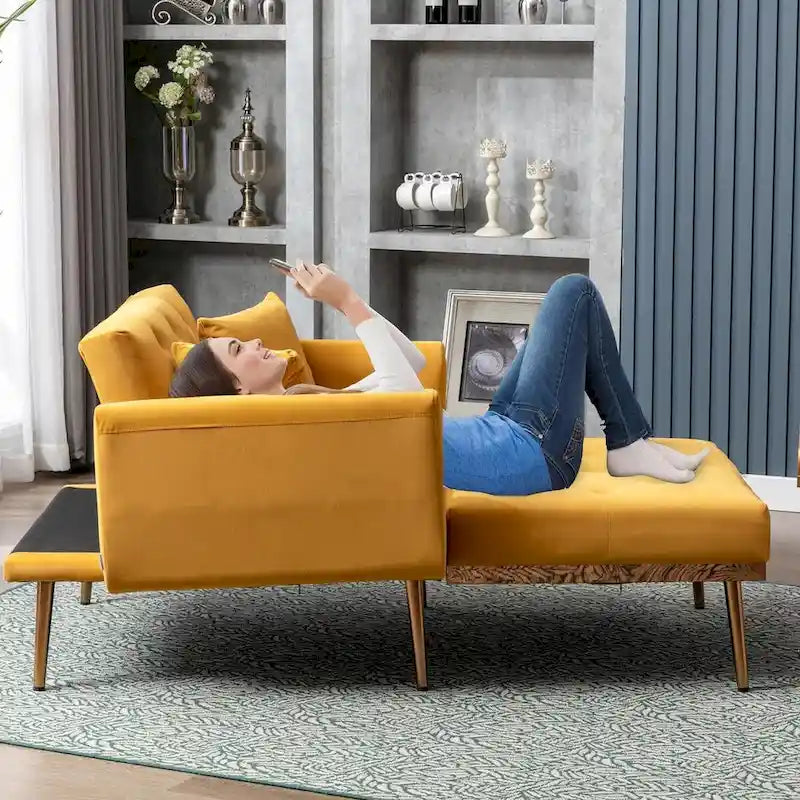 Chaise longue d'intérieur, fauteuil de lit convertible 2 en 1 en velours avec pouf, fauteuil de relaxation avec dossier inclinable réglable
