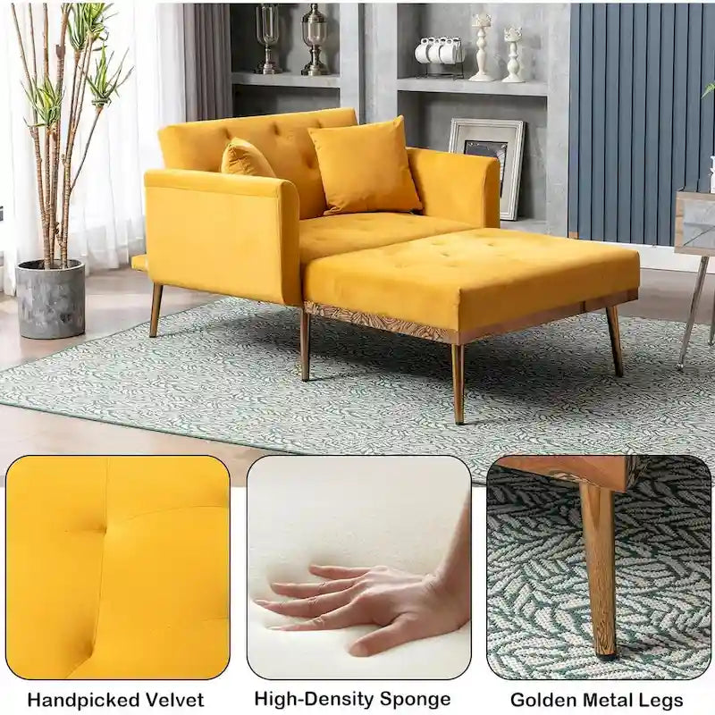 Chaise longue d'intérieur, fauteuil de lit convertible 2 en 1 en velours avec pouf, fauteuil de relaxation avec dossier inclinable réglable