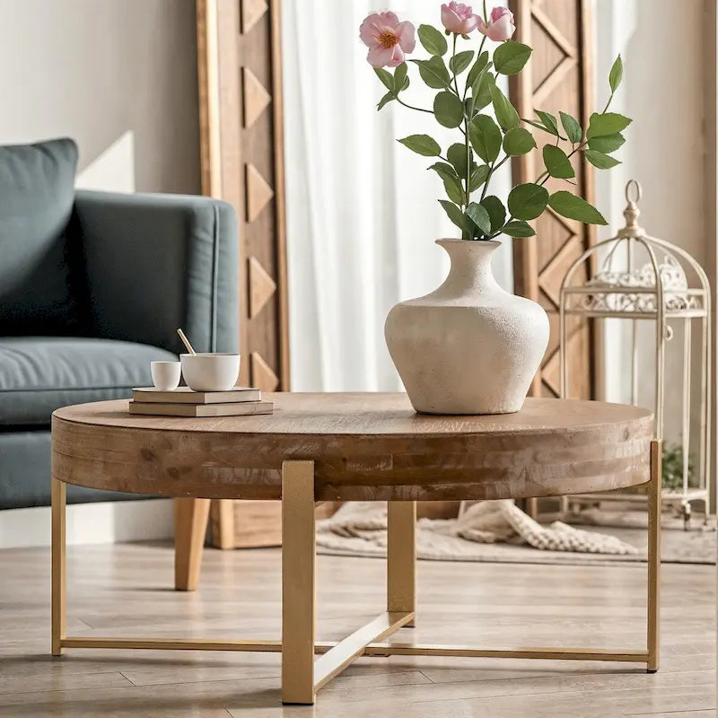 33.86Table basse ronde moderne rétro à empiècements, plateau en bois de sapin avec piètement croisé doré
