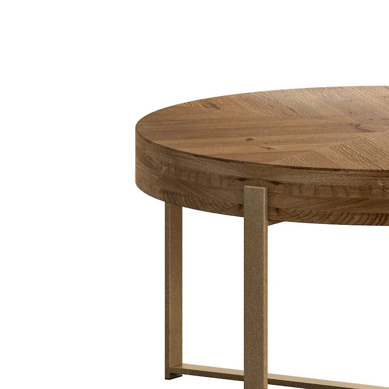 33.86Table basse ronde moderne rétro à empiècements, plateau en bois de sapin avec piètement croisé doré