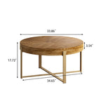 33.86Table basse ronde moderne rétro à empiècements, plateau en bois de sapin avec piètement croisé doré