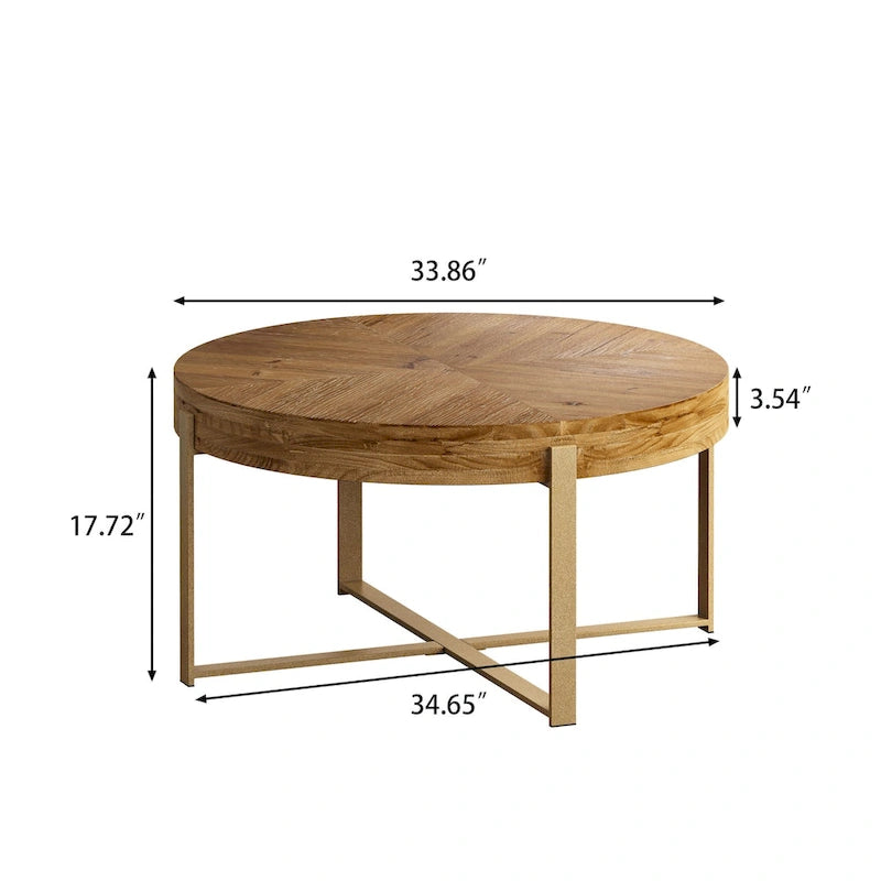 33.86Table basse ronde moderne rétro à empiècements, plateau en bois de sapin avec piètement croisé doré