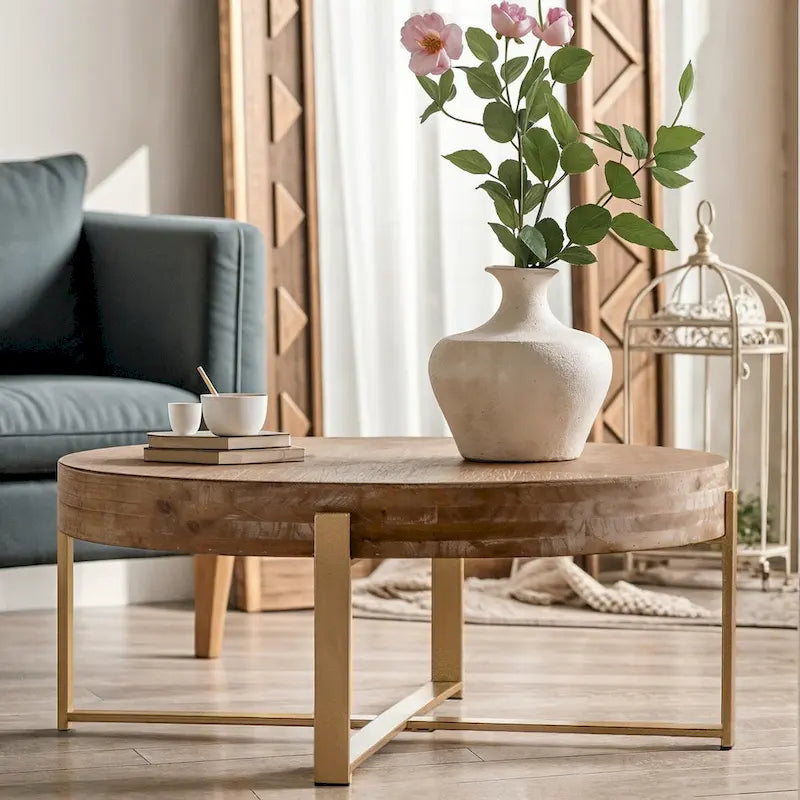 33.86Table basse ronde moderne rétro à empiècements, plateau en bois de sapin avec piètement croisé doré
