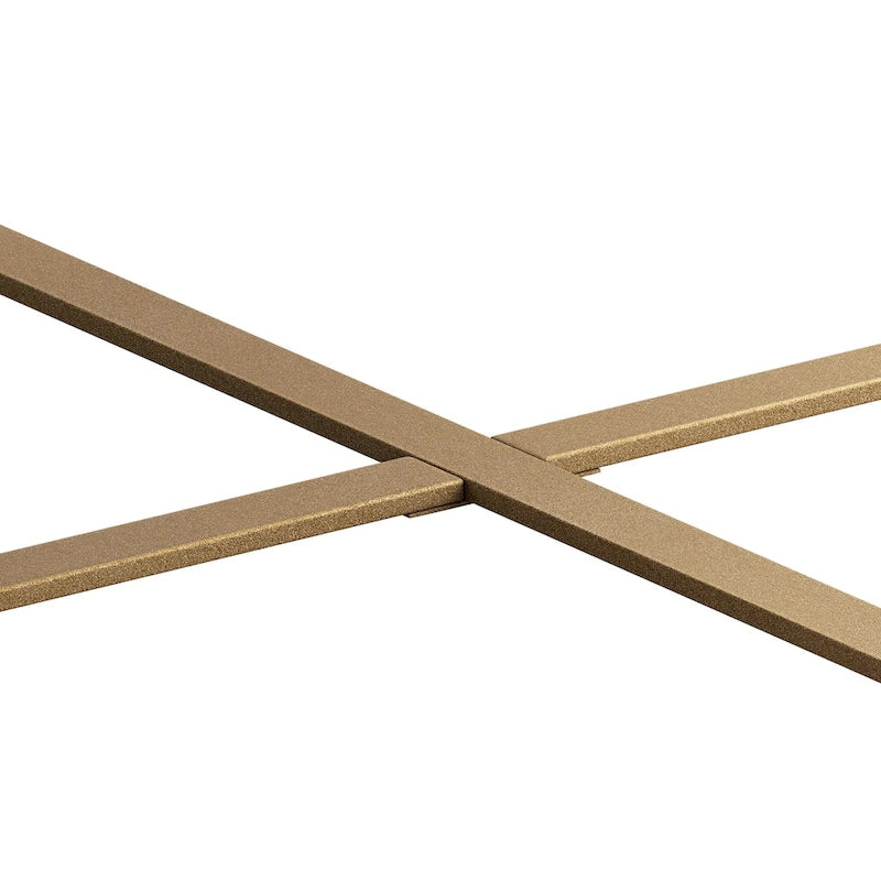 33.86Table basse ronde moderne rétro à empiècements, plateau en bois de sapin avec piètement croisé doré
